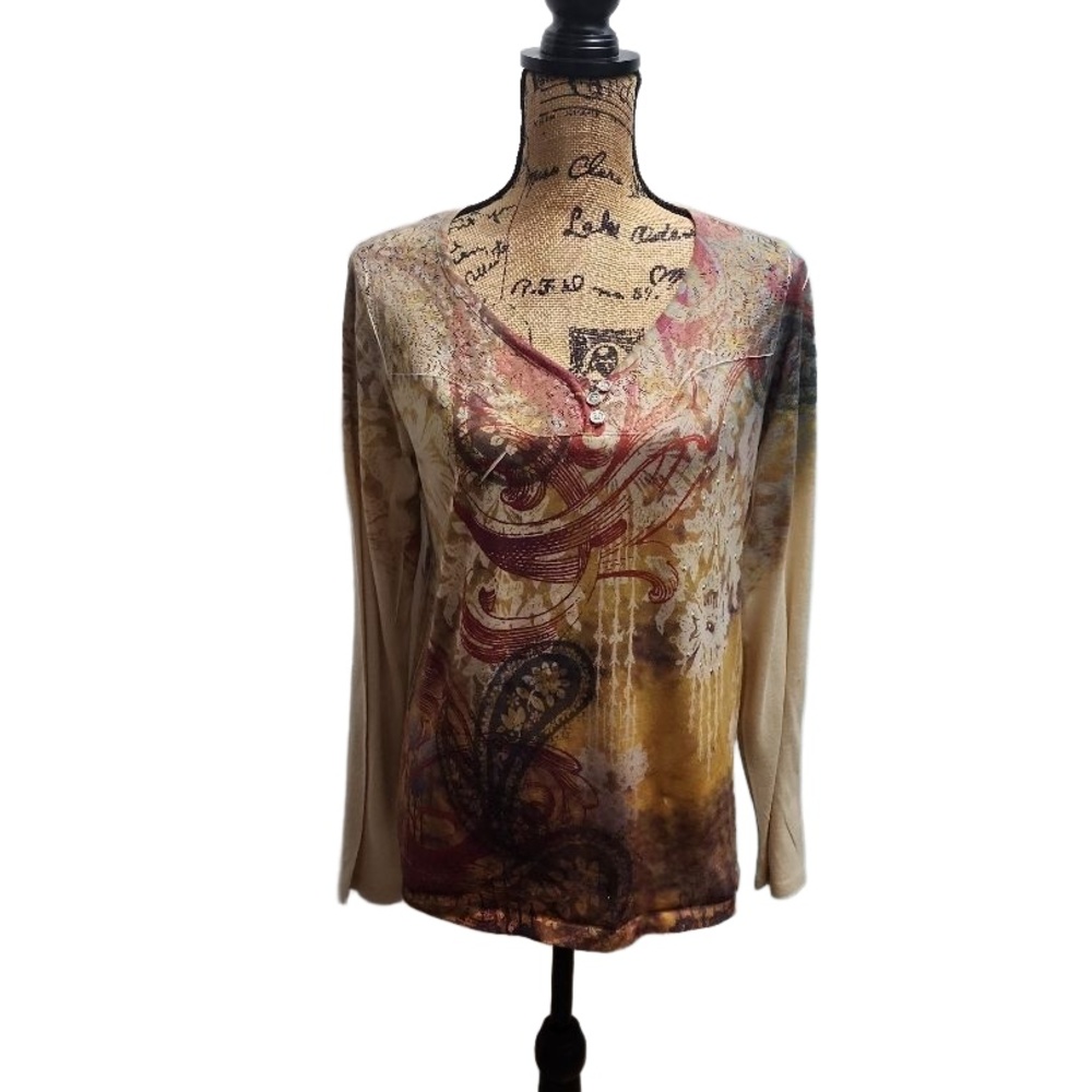Appropriate Behavior Womens V-Neck Blouse M Multi Abstract Rhinestone - Picture 2 of 7